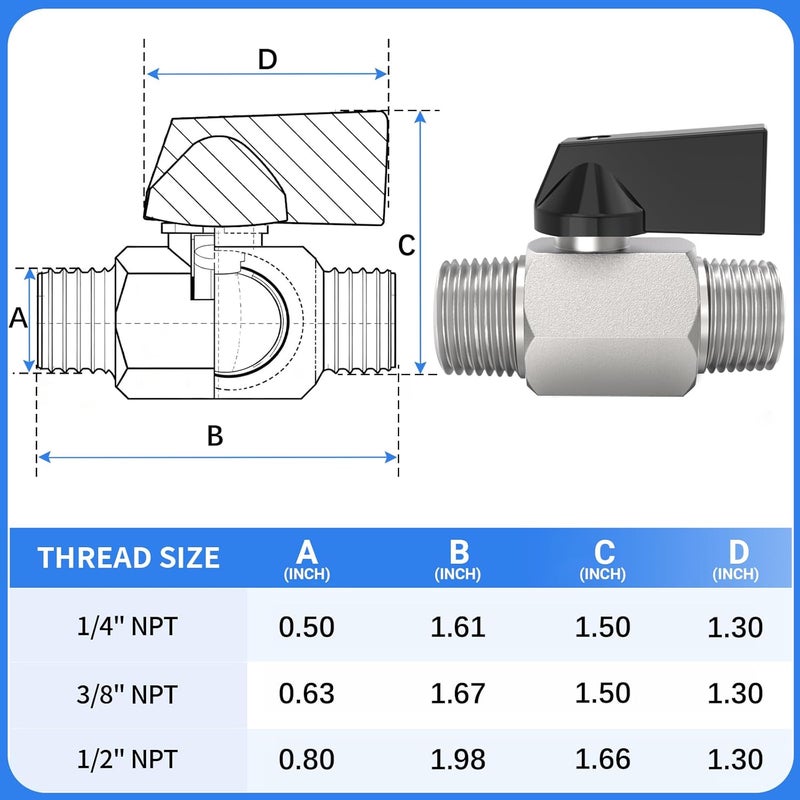 ChillWaves Brass Mini Ball Valve, Shut Off Switch Ball Valve 1/2" NPT Male x 1/2" NPT Male Thread Pipe Fitting(4-PACK) - Image 2